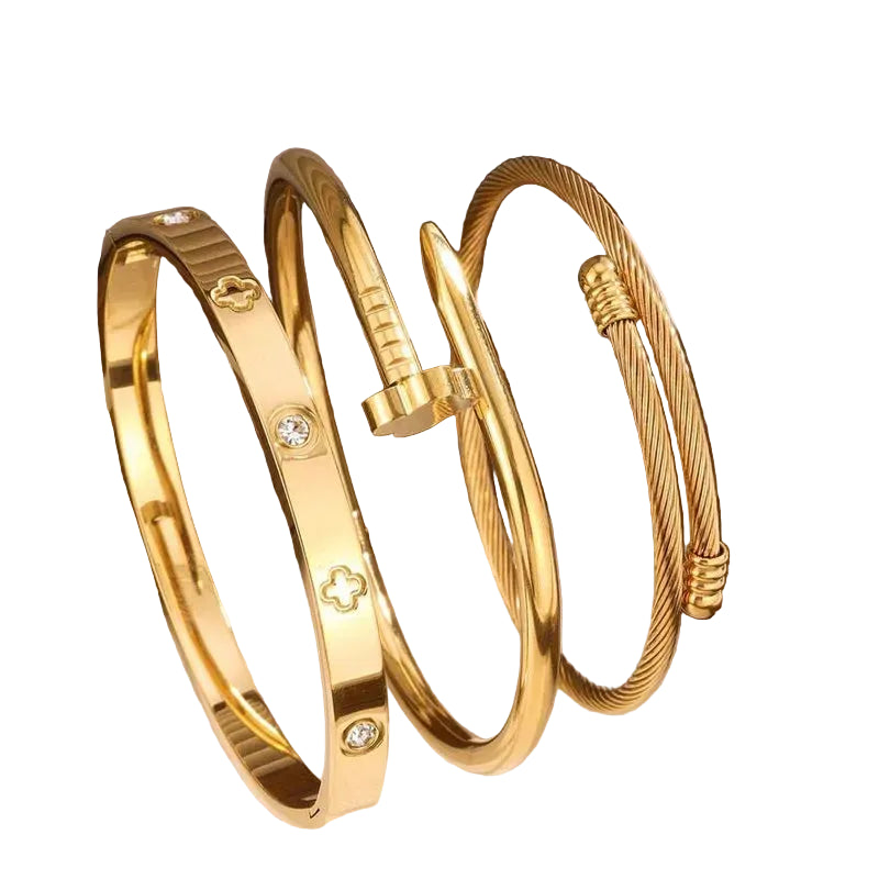 CLASSY CLOVER 18K Plated Stainless Steel Stack Bracelet Set