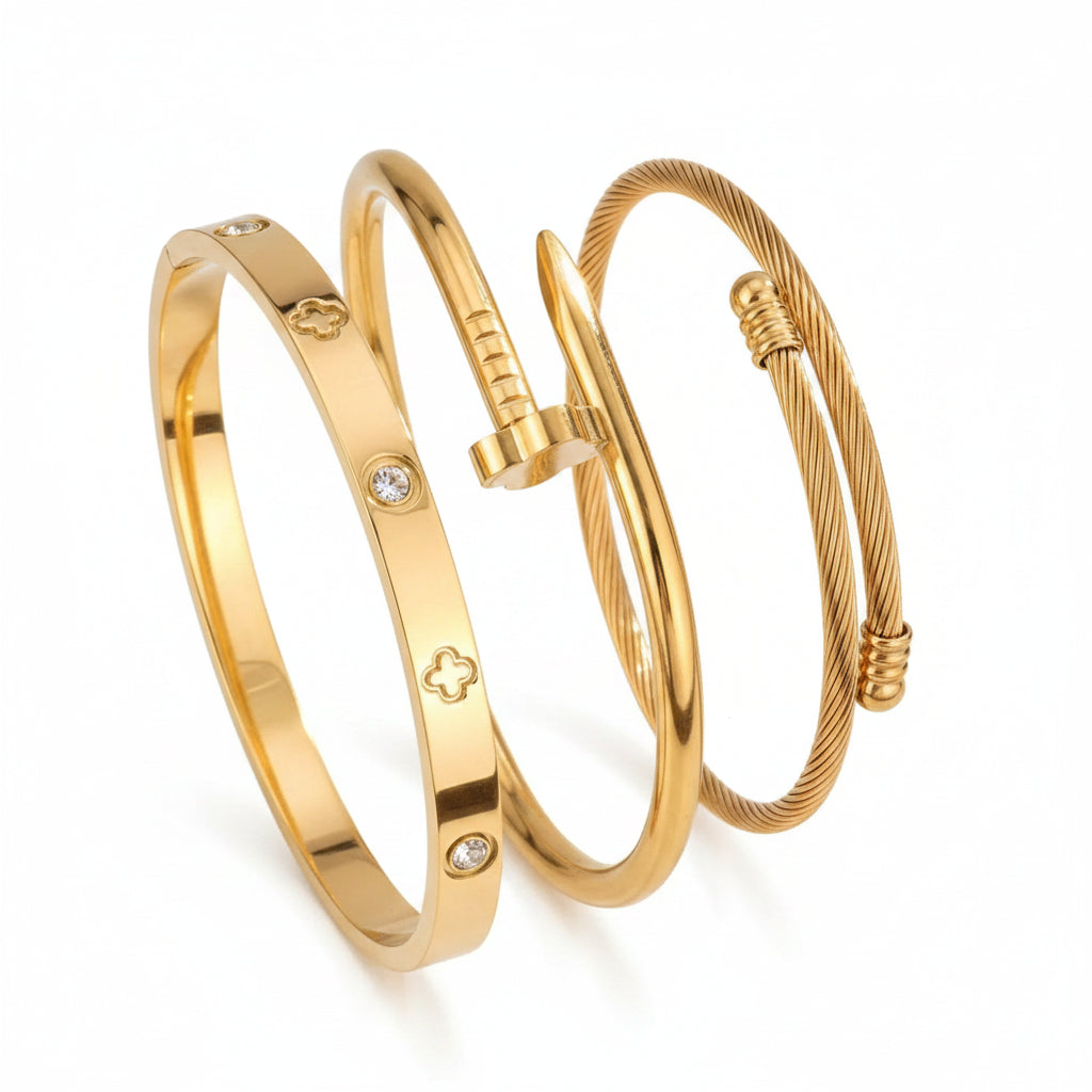 CLASSY CLOVER 18K Plated Stainless Steel Stack Bracelet Set