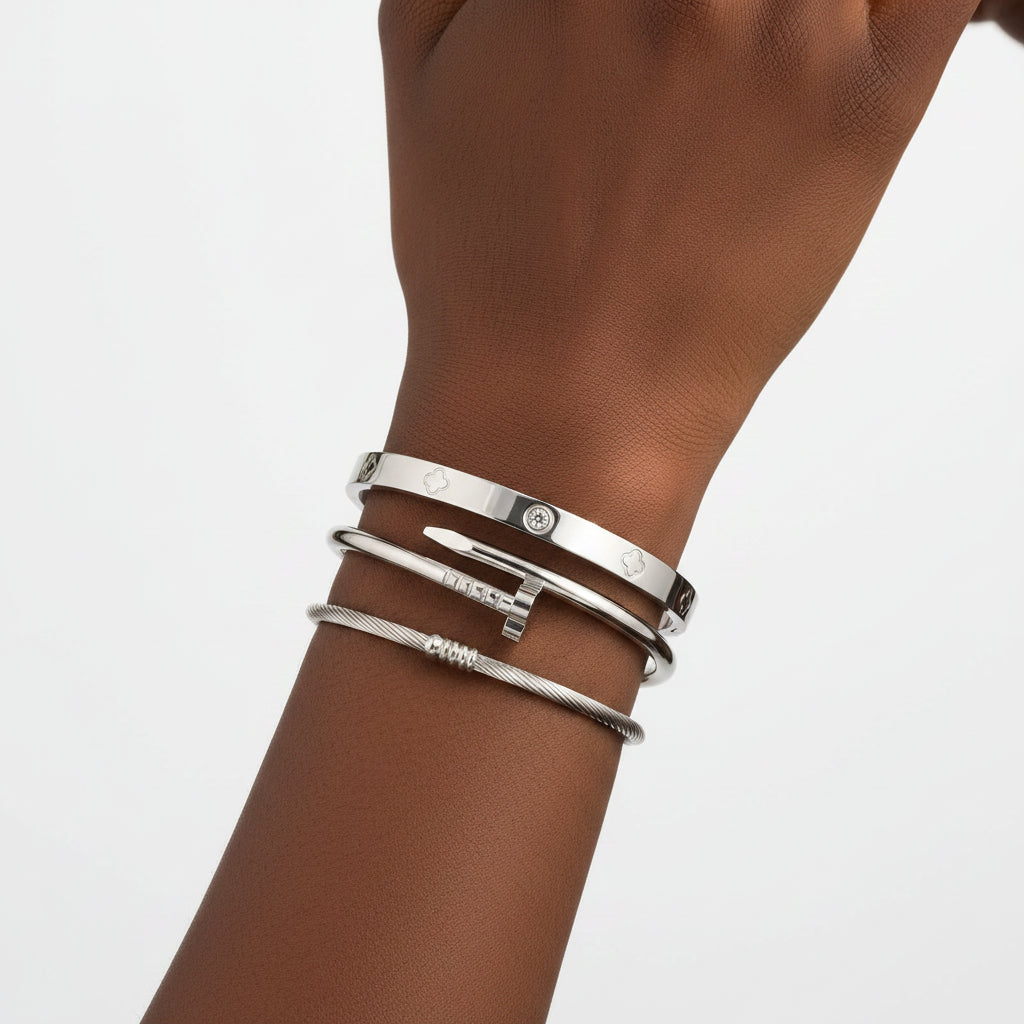 CLASSY CLOVER 18K Plated Stainless Steel Stack Bracelet Set