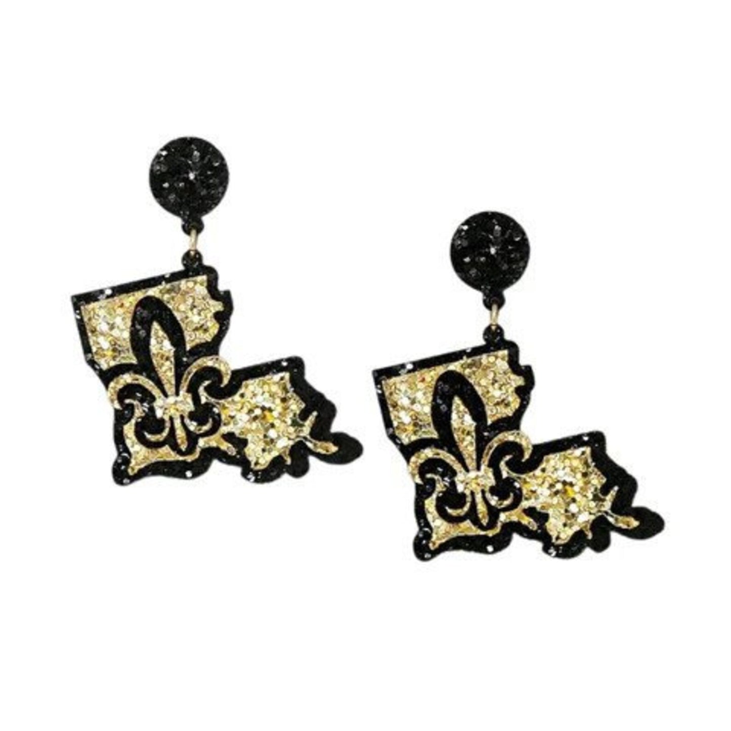 Load image into Gallery viewer, THE BOOT Fleur De Lis Black &amp;amp; Gold Glitter Earrings
