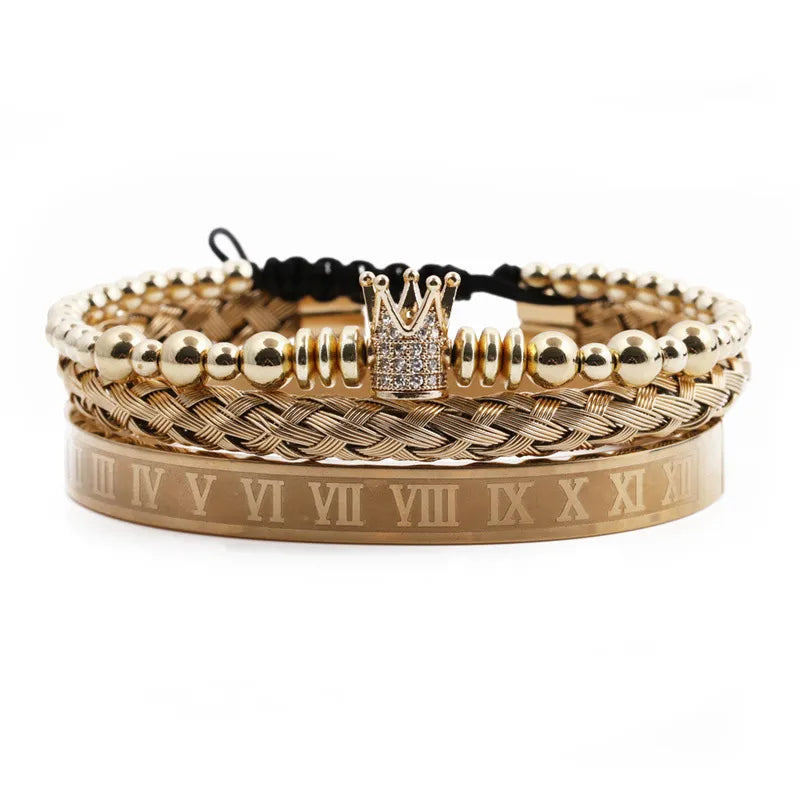 CROWN Roman Numeral Stainless Steel Bolo Bracelet Sets