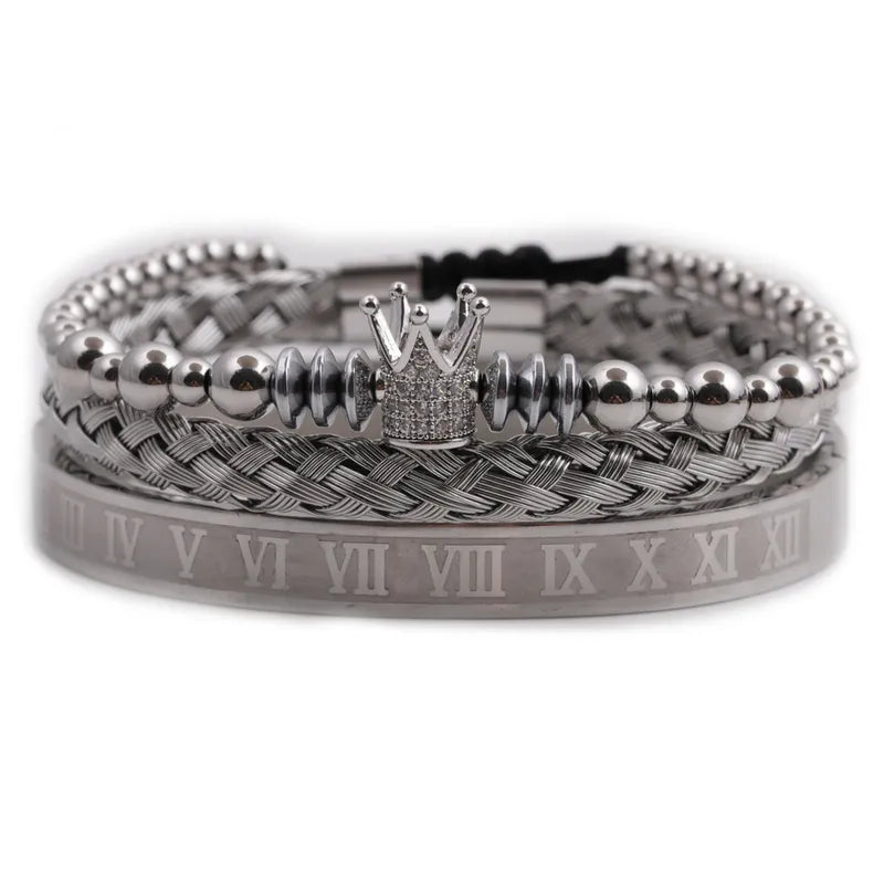 CROWN Roman Numeral Stainless Steel Bolo Bracelet Sets