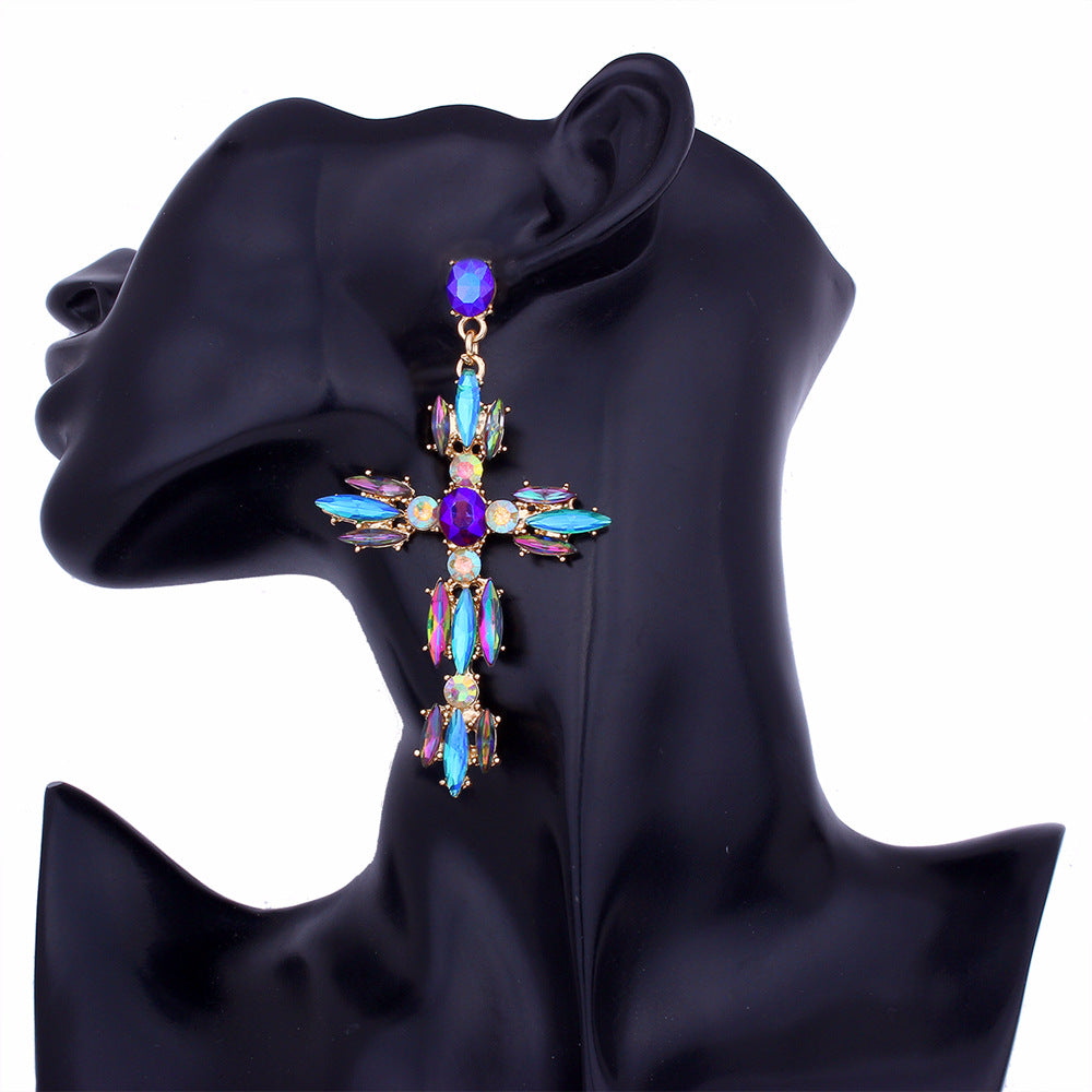 Load image into Gallery viewer, DIVA Crystal/Rhinestone Cross Long Earrings
