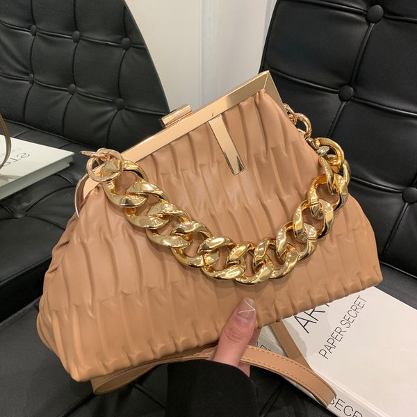 Fashionable Crinkled Design Solid Color Thick Chain Crossbody Bag