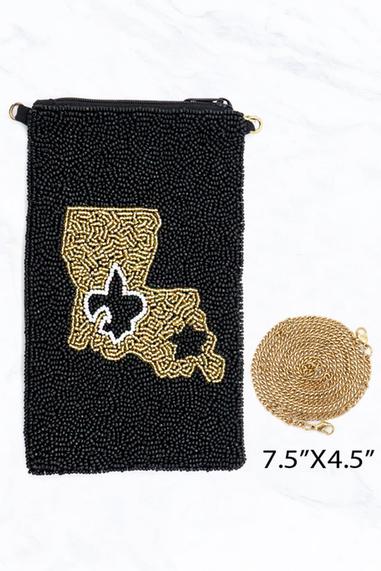 Load image into Gallery viewer, LA MAP Black and Gold Beaded Phone Crossbody Bag
