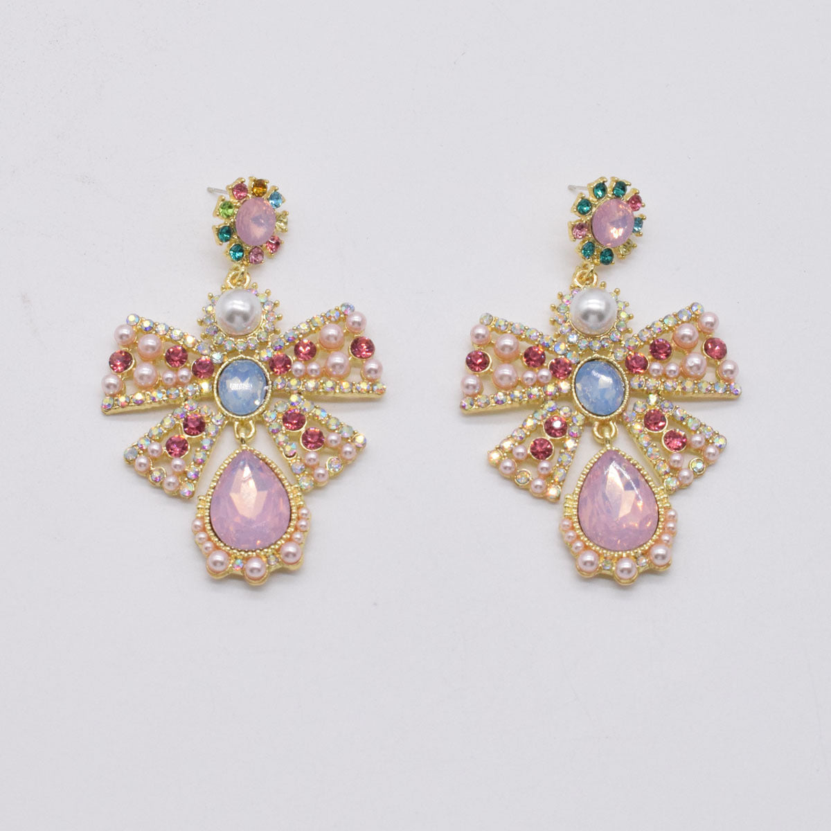 TINA Pink Rhinestone/Pearl Bowknot Drop Earrings