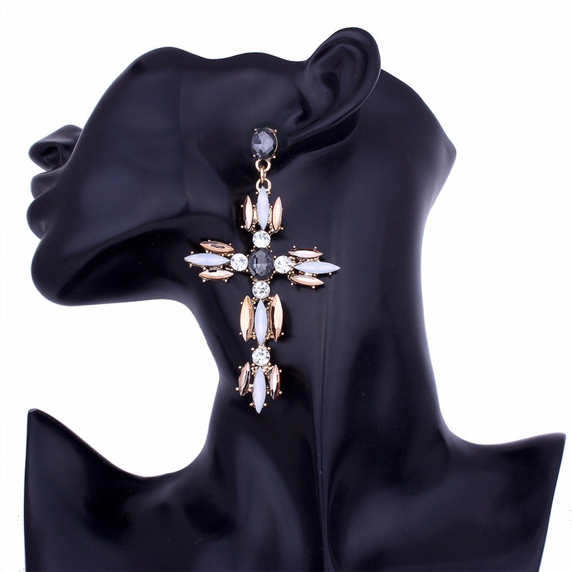 Load image into Gallery viewer, DIVA Crystal/Rhinestone Cross Long Earrings
