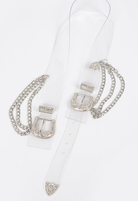 TRANSLUCENT Silver Double Buckle Belt with Chains